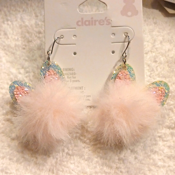 Bunny Easter Fuzzy Sparkly Fish Hook Earrings Claires NWT - Picture 1 of 6